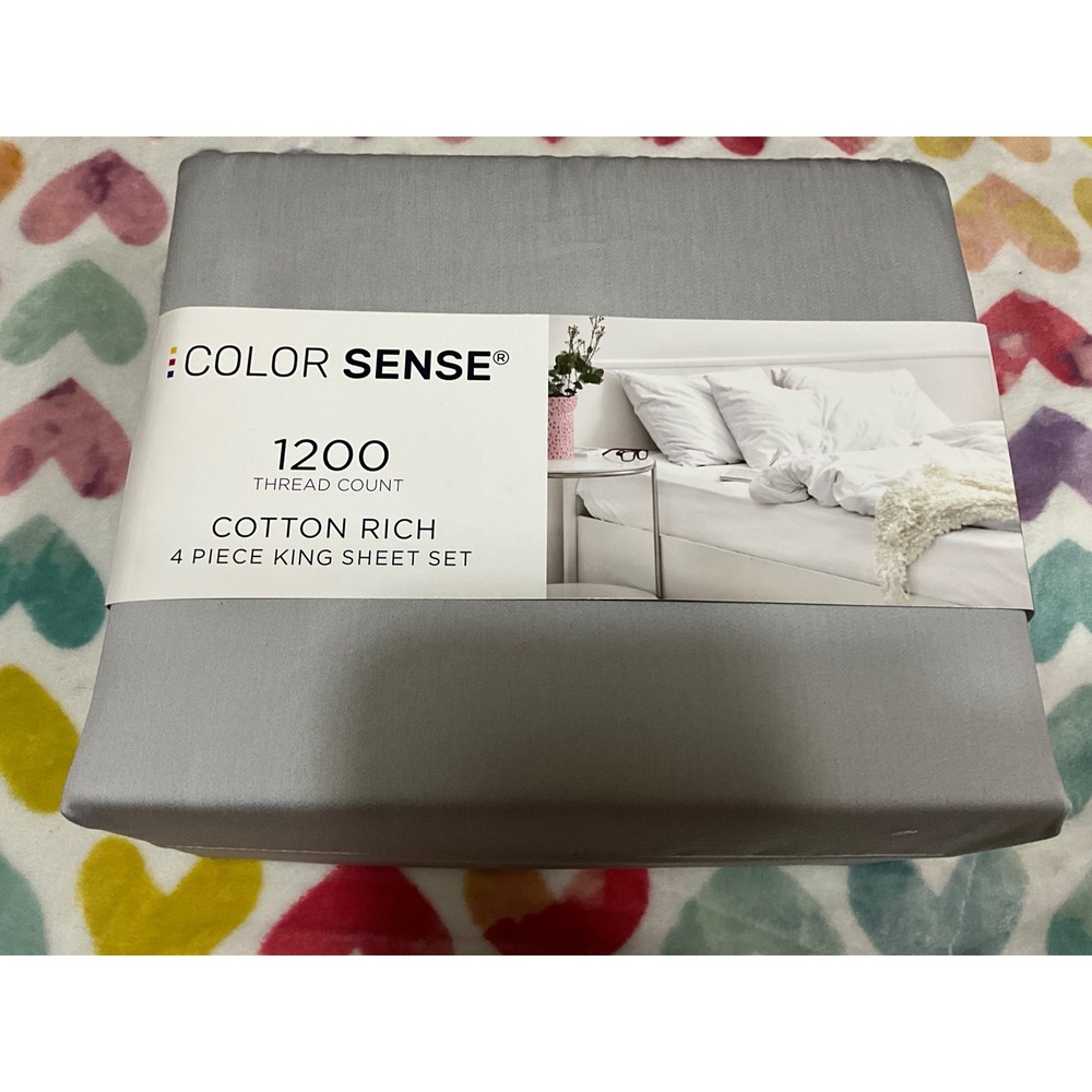 Color Sense 1200 Thread Count Cotton Rich 4 Piece King Sheet Set Grey Bedding